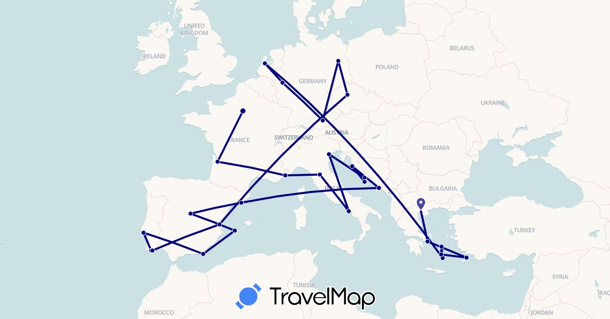 TravelMap itinerary: driving in Czech Republic, Germany, Spain, France, Greece, Croatia, Italy, Netherlands, Portugal (Europe)